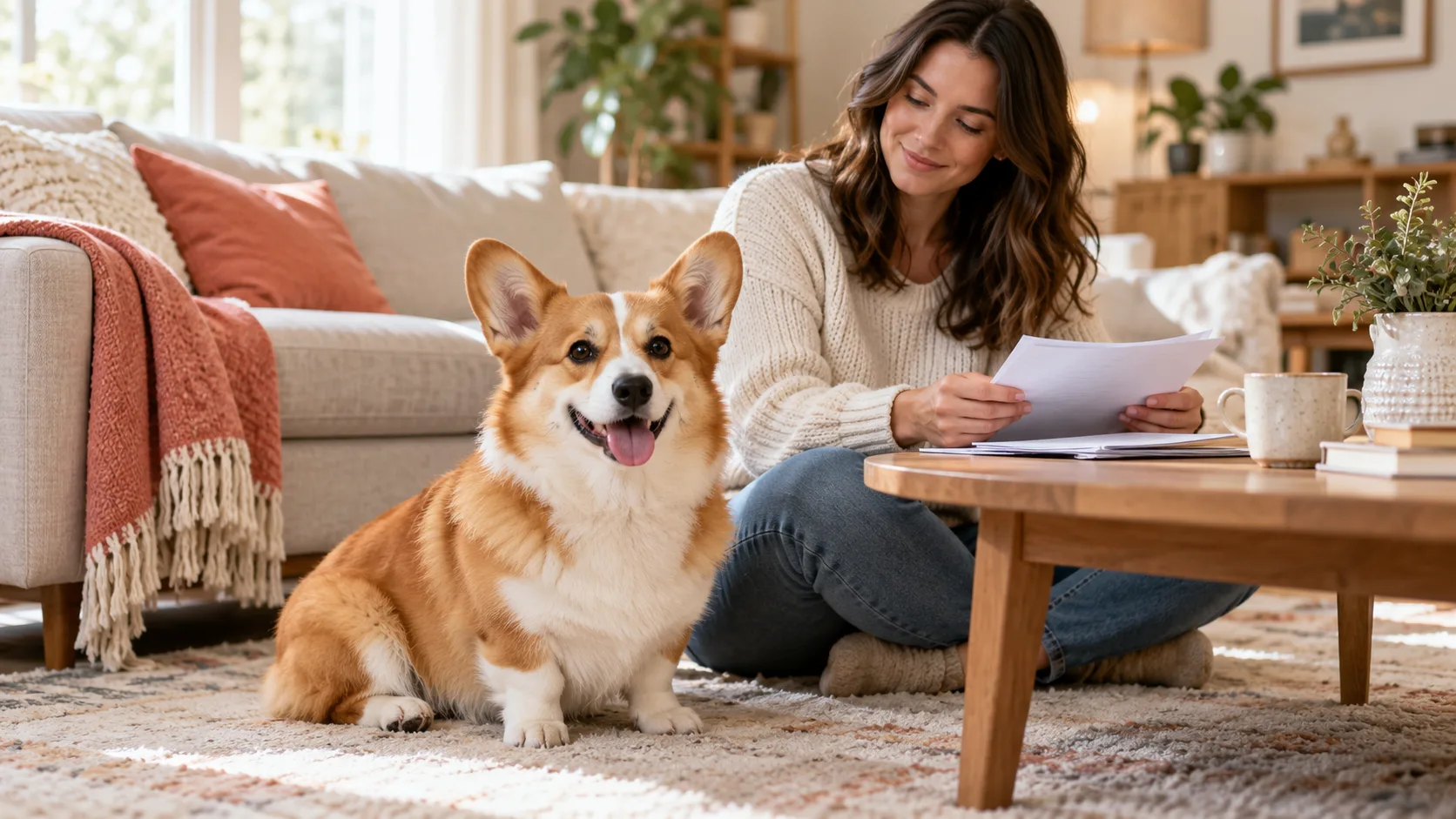 Red-and-white Corgi sitting beside an owner holding papers at home